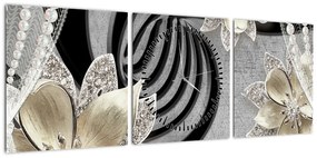 Obraz - 3D złote kwiaty (z zegarem) (90x30 cm)