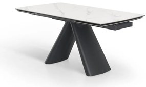 Elegancki stół z białym ceramicznym blatem na hartowanym szkle. Metalowa podstawa z czarnej stali nadaje mu nowoczesny charakter i wyjątkową trwałość.