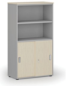 Szafa biurowa kombinowana PRIMO GRAY, drzwi przesuwne na 2 poziomach, 800 x 420 x 1434 mm, szary/brzoza