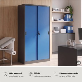 Szafa metalowa biurowa z drzwiami przesuwnymi antracytowo-niebieska, 900x1850x400 mm: KUBA