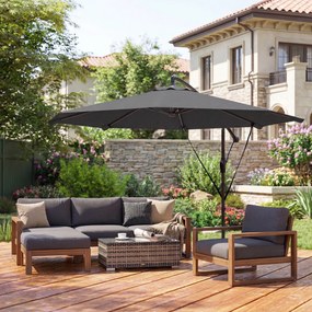 Outsunny Parasol boczny Ø300 cm regulowany z korbą, linkami wiatrowymi i pokrowcem, ciemnoszary | Aosom PL