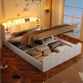 Łóżko hydrauliczne ze schowkiem - 140 x 200 cm - z USB + LED + otwierany zagłówek ze schowkiem - drewno - białe