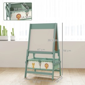 AIYAPLAY Dziecięca tablica 3-w-1 z tablicą kredową, białą tablicą, papierową rolką, 2 koszami, dla dzieci 3-8 lat, zielona | Aosom PL