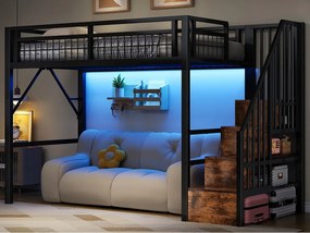 Łóżko na antresoli 90 x 200 cm - Konstrukcja stalowa - Oświetlenie LED - Drabina - Czarny​ (materac nie jest wliczony w cenę)