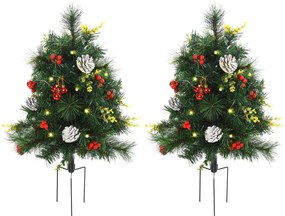 HOMCOM Zestaw 2 Mini Choinek Świątecznych z Oświetleniem LED, Szyszkami i Czerwonymi Jagodami, Zielony PVC, Ø33 x 75 cm | Aosom PL