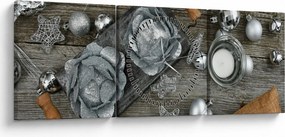 Obraz - srebrne ozdoby świąteczne (z zegarem) (90x30 cm)