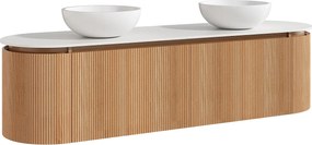 Wisząca ryflowana szafka łazienkowa z dwiema okrągłymi nablatowymi umywalkami z solid surface – jasny naturalny – szer. 180 cm – LILIKO