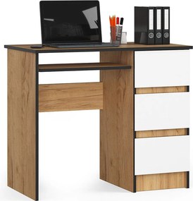 Biurko komputerowe AKORD A6 Dąb Craft 90 cm prawe 3 szuflady kolor Biały mat 1 półka 90x50x77 cm