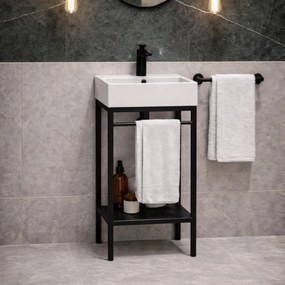 Zestaw umywalka z konglomeratu NAVI 60 x 45 cm + stojąca konsola NAVI Step | Różne kolory | Różne rozmiary : Kolor - Czarny, Otwór na baterię - Bez otworów, Rozmiar - 50 x 45 cm