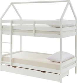 Łóżko piętrowe domek 2 x 90 x 190 cm – 2 szuflady – Drewno sosnowe – Białe + materac – CHORI