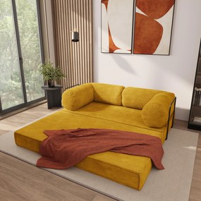 Masseno Sofa piankowa ALVIO z funkcją spania, Kanapa z pianki do salonu, Bezmontażowa, Tkanina sztruksowa – Żółty POSO 01