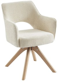 Krzesło obrotowe z podłokietnikami z tkaniny i drewna dębowego - Kremowy - KONYA