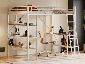 Łóżko mezzanine z żelaza - 90x200cm - z biurkiem i 3 półkami - Białe