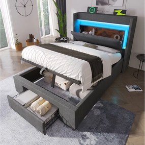 Łóżko tapicerowane hydrauliczne ze schowkiem - 90 x 200 cm - ze schowkiem na pościel w zagłówku + diody LED + USB + szuflada - len - szary