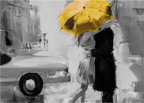 Obraz - Zakochana para pod parasolem, żółty (70x50 cm)