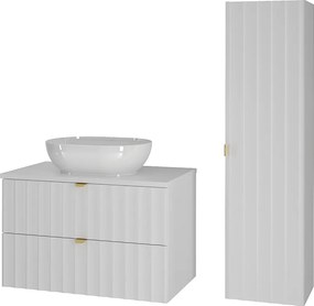 Biały Zestaw Łazienkowy 80cm Szafka z Blatem Umywalka Słupek Ryflowane Fronty Arcos