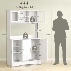 HOMCOM Szafka kuchenna, Design skandynawski, 4 szafki, Regulowane półki, Drzwi ze szkła, Otwarta przestrzeń, Płyta wiórowa, MDF, Biały