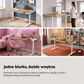 Biurko elektryczne sit-stand z szufladą i ładowarką bezprzewodową Qi białe/złoty dąb, 1400 mm: ELLIS