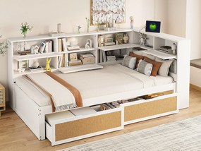 Rozkładana kanapa z litego drewna 90×200 cm - z 2 szufladami - liczne schowki - z portem ładowania - biały (bez materaca)