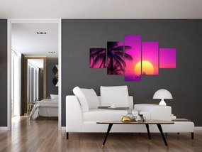 Obraz - Fioletowy zachód słońca z palmą (125x70 cm)