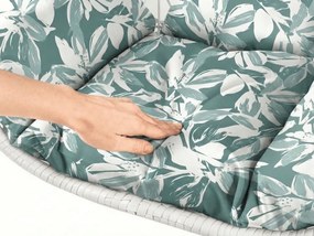 Białe wiszące krzesło KOKON ze stelażem, zielono-biała poduszka