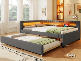 Kanapa rozkładana 140x200 cm - z oświetleniem LED - z łóżkiem wysuwanym - z portami USB + TYPE-C - len - szary (materac nie jest w zestawie)