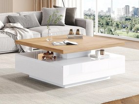 Stolik kawowy obrotowy 360° kwadratowy - 70x70x36 cm - z 1 szufladą - biały i naturalny