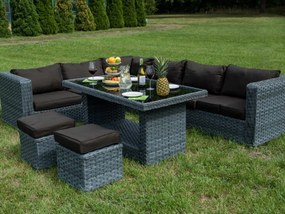 Duży komplet mebli ogrodowych z technorattanu (narożnik + wysoki stół + 2 x pufa) MAESTOSO szary