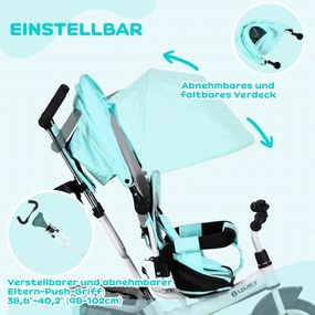 HOMCOM Rowerek Trójkołowy dla Dzieci, Zielony, z Koszykiem, Uchwytem na Kubek, Odnawialnym Daszkiem, Metal