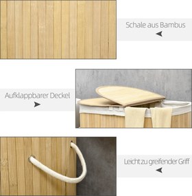 HOMCOM Kosz na bieliznę 100L z wyjmowaną ławą do prania 62,5 cm x 37 cm x 60,5 cm Naturalny + Biały