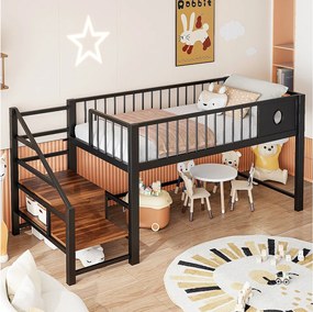 Łóżko piętrowe dla dzieci niskie - 90 x 200 cm - z drabinką do przechowywania - rama metalowa - czarne