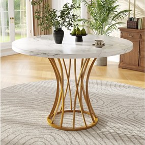 Okrągły stół 80x80x76 cm - Metalowa konstrukcja - fornir z wzorem marmuru - Dla 2-6 osób - Biały i Złoty