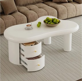 Nieregularny kształt stolika kawowego, biały stolik kawowy z 2 szufladami do przechowywania, do salonu i biura