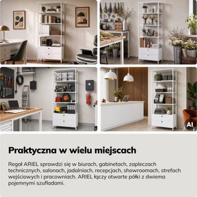 Regał z szufladami do biura, na segregatory i dokumenty, otwarte półki, metalowy, biały, 800x2200x400 mm: ARIEL