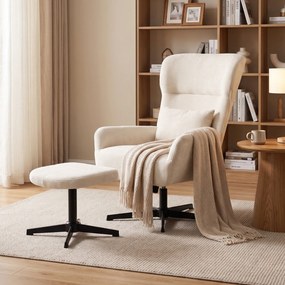 HOMCOM Obrotowy fotel lounge 360° z podnóżkiem, regulacja wysokości, obicie chenille, z poduszką lędźwiową, kremowo-biały | Aosom PL