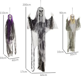 HOMCOM Wiszące Duchy-Szkielety, Zestaw 3 szt., Dekoracja na Halloween, Regulowane Ramiona, 150cm