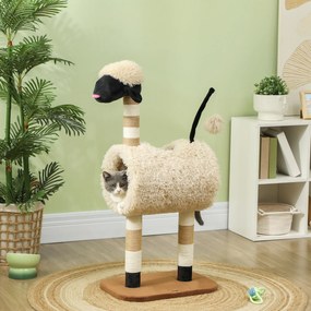PawHut Drapak dla kota w designie baranka z słupkami do drapania, tunelem i zabawką, 98 cm, Jasnobrązowy