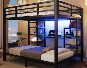Łóżko piętrowe 90 x 200 cm + 140 x 200 cm - Rama łóżka metalowa - Z portami USB i Type-C - Z oświetleniem LED - Czarny (Materac nie jest dołączony)