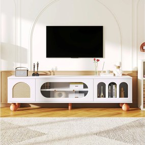 Szafka RTV z 4 drzwiami rattanowymi i szklanymi - 170 x 37 x 47 cm - płyta wiórowa i nogi z litego drewna - biała