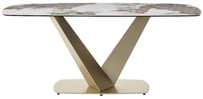 Stół do jadalni dla 6 osób z ceramiki, szkła hartowanego i złotego metalu - Efekt białego marmuru i szary - PORELIMA marki Maison Céphy