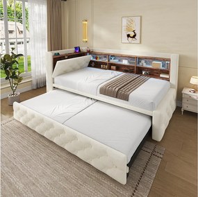 Rozsuwane łóżko 90x190 cm beżowe z aksamitu, boczny schowek, oświetlenie LED, porty USB, Type‑C, bez materaca