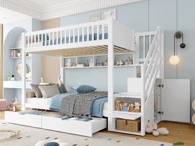 Łóżko piętrowe dla dzieci 90x200 cm - z 2 szufladami - z półkami + szafą - z przegródkami do przechowywania - biały