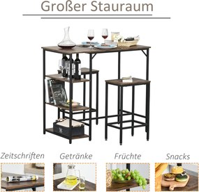 HOMCOM Zestaw stolik barowy z 2 stołkami 3-częściowy blat kuchenny z regałem rustykalny brąz czarny | Aosom PL