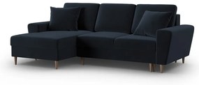 Ciemnoniebieski aksamitny rozkładany/ze schowkiem narożnik (lewostronny/z szezlongiem) Kyoto – Cosmopolitan Design