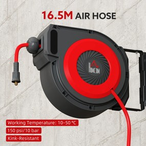 HOMCOM Bęben na wąż z mechanizmem zwijania, 16,5 m długi wąż, montaż ścienny, Czerwony+Czarny