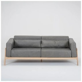 Ciemnoszara sofa z bawolej skóry z konstrukcją z litego drewna dębowego Gazzda Fawn, 210 cm