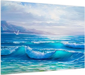 Obraz na szkle - Obraz olejny przedstawiający morze z mewami (70x50 cm)