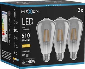 Mexen Vintis 3x żarówka filament LED E27, ST64, 6W, Ciepła - 2700K, 510 lm, smoke - L152-E27-0627-70x03