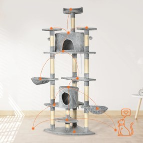 PawHut Drapak z 2 hamakami i 2 kocimi jaskiniami plus zabawki, plusz i sizal, Jasnoszary