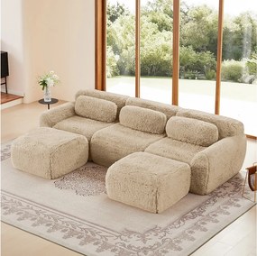 Modułowa Sofa Narożna w tkaninie pluszowej, z 2 pufami i 3 poduszkami, 291x179x73cm, Khaki